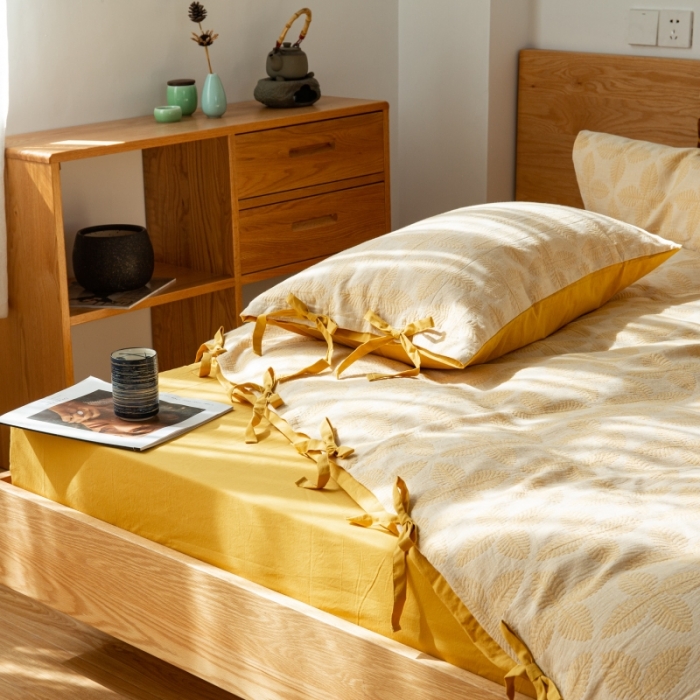 91家纺网 家纺一手货源 找家纺 安莱生活 2022新款全棉双层纱蝴蝶结四件套 四叶草-黄色