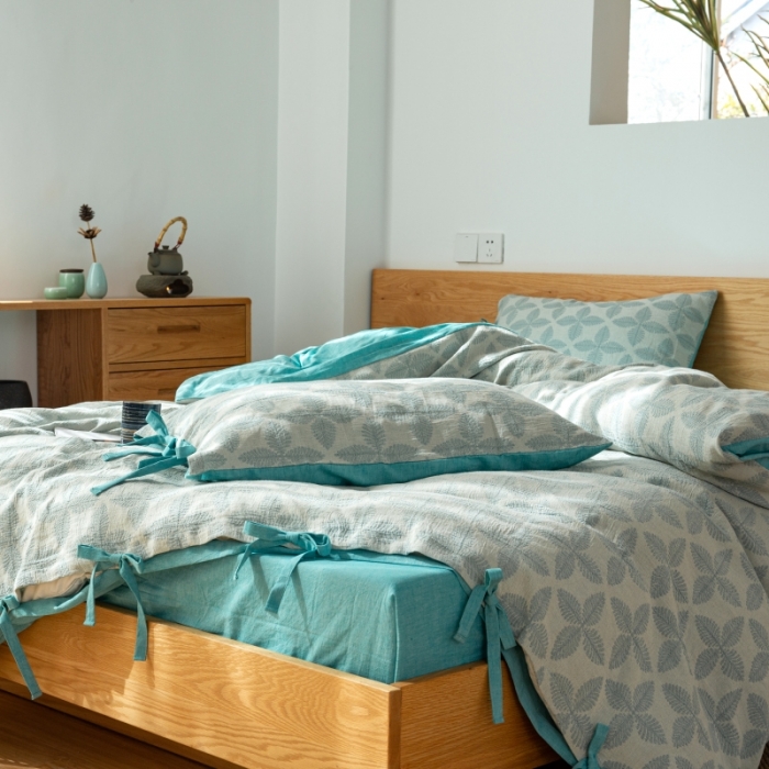 91家纺网 家纺一手货源 找家纺 安莱生活 2022新款全棉双层纱蝴蝶结四件套 四叶草-蓝青