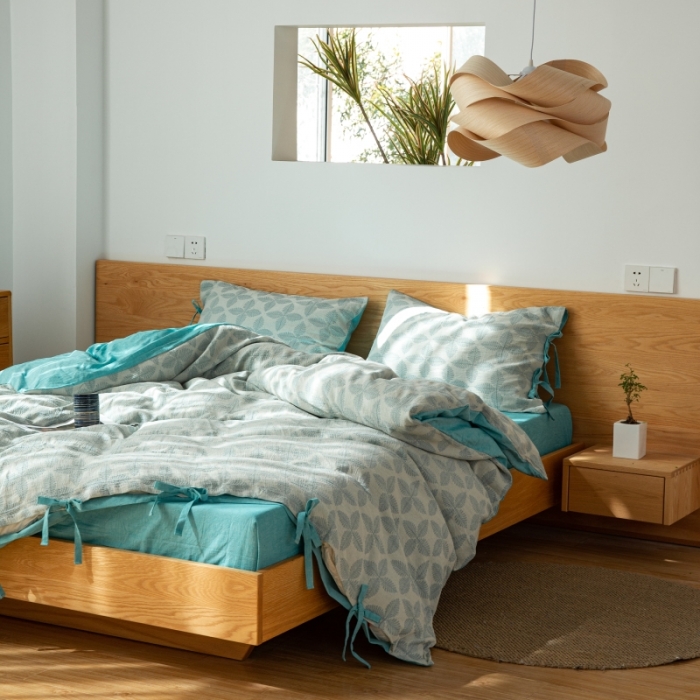 91家纺网 家纺一手货源 找家纺 安莱生活 2022新款全棉双层纱蝴蝶结四件套 四叶草-蓝青