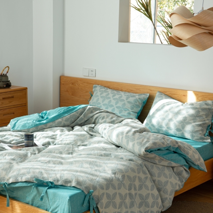 91家纺网 家纺一手货源 找家纺 安莱生活 2022新款全棉双层纱蝴蝶结四件套 四叶草-蓝青