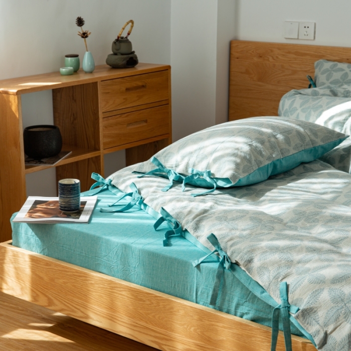 91家纺网 家纺一手货源 找家纺 安莱生活 2022新款全棉双层纱蝴蝶结四件套 四叶草-蓝青