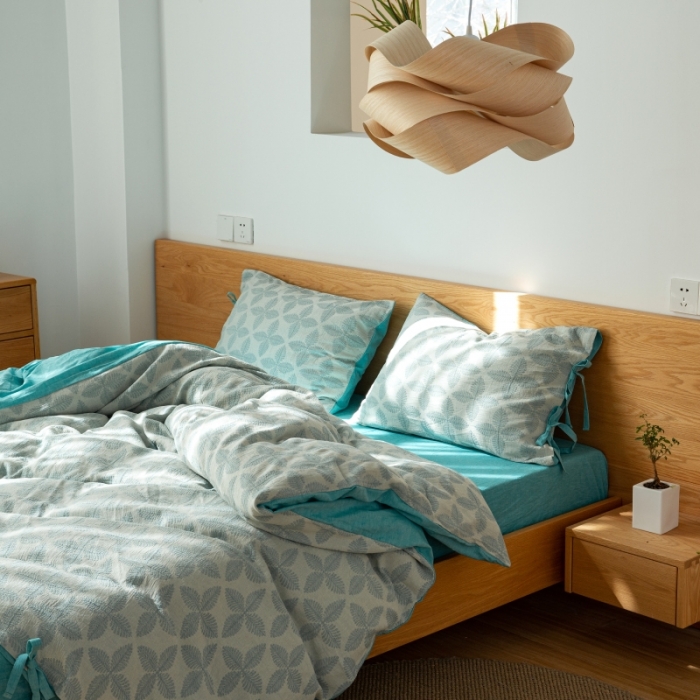 91家纺网 家纺一手货源 找家纺 安莱生活 2022新款全棉双层纱蝴蝶结四件套 四叶草-蓝青