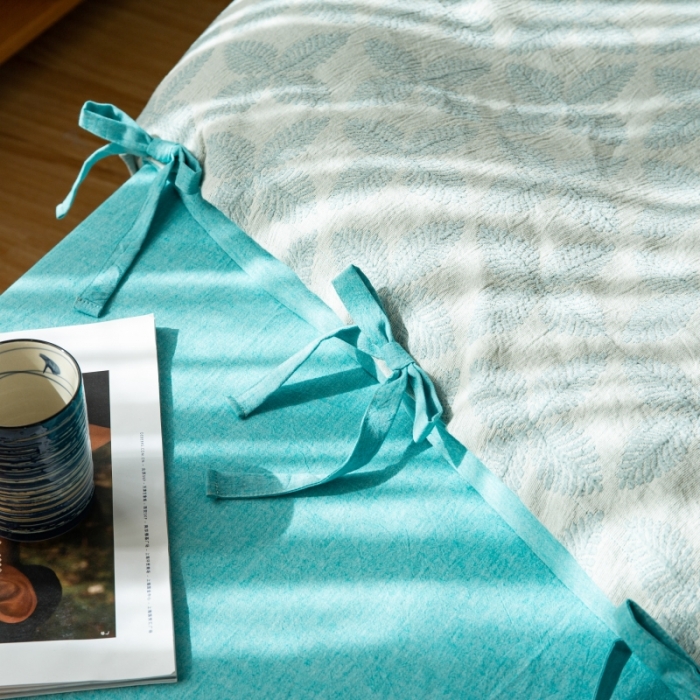 91家纺网 家纺一手货源 找家纺 安莱生活 2022新款全棉双层纱蝴蝶结四件套 四叶草-蓝青