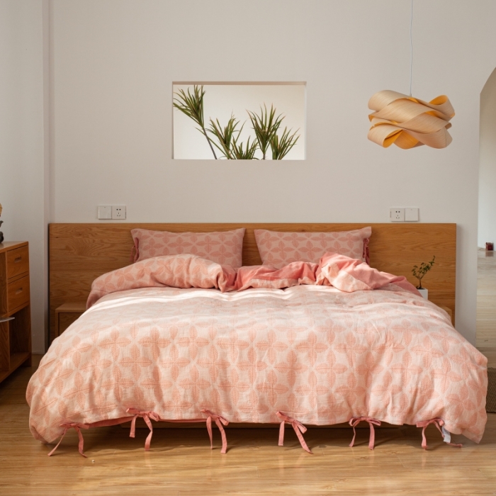 91家纺网 家纺一手货源 找家纺 安莱生活 2022新款全棉双层纱蝴蝶结四件套 四叶草-嫩粉