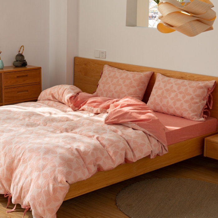 91家纺网 家纺一手货源 找家纺 安莱生活 2022新款全棉双层纱蝴蝶结四件套 四叶草-嫩粉