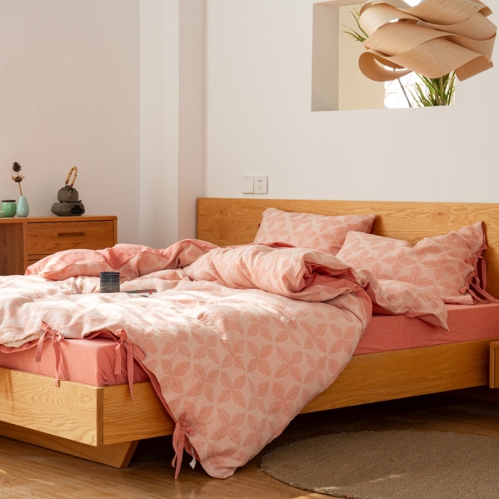 91家纺网 家纺一手货源 找家纺 安莱生活 2022新款全棉双层纱蝴蝶结四件套 四叶草-嫩粉