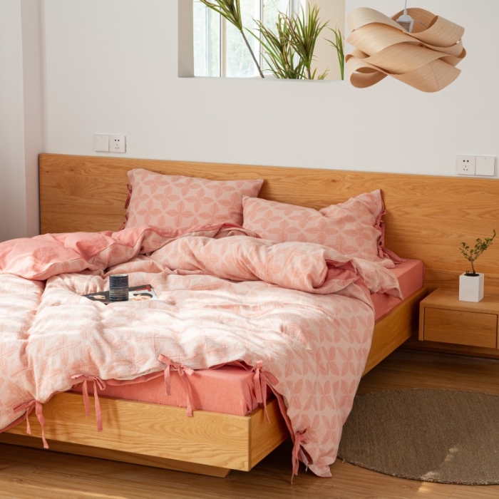 91家纺网 家纺一手货源 找家纺 安莱生活 2022新款全棉双层纱蝴蝶结四件套 四叶草-嫩粉