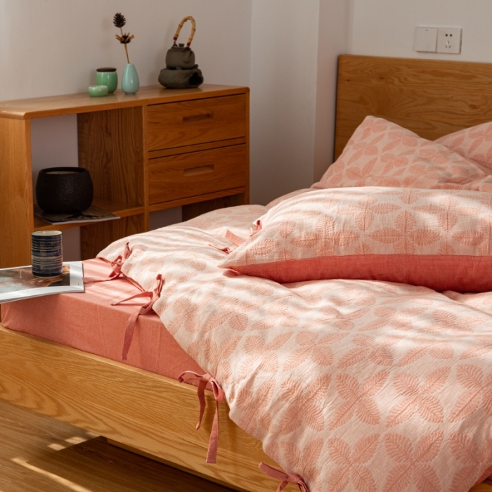 91家纺网 家纺一手货源 找家纺 安莱生活 2022新款全棉双层纱蝴蝶结四件套 四叶草-嫩粉