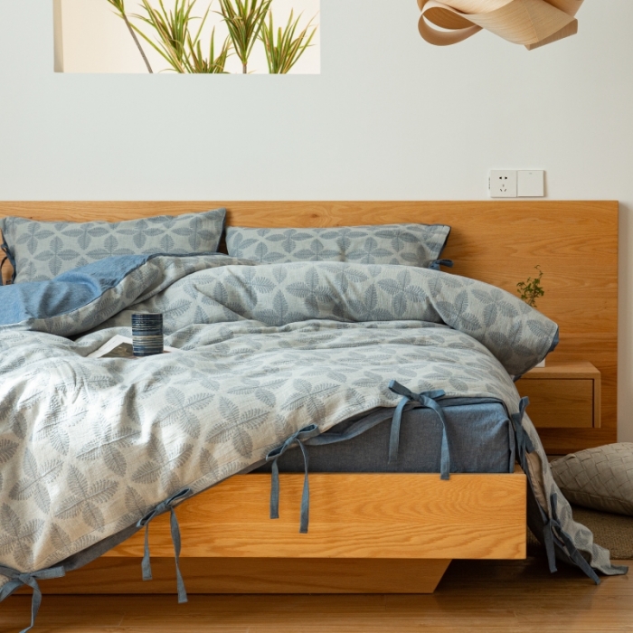 91家纺网 家纺一手货源 找家纺 安莱生活 2022新款全棉双层纱蝴蝶结四件套 四叶草-牛仔蓝