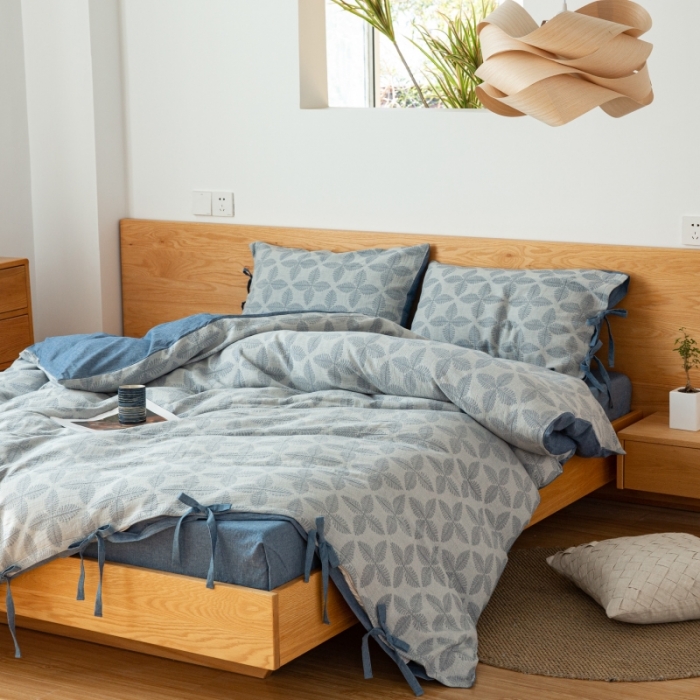 91家纺网 家纺一手货源 找家纺 安莱生活 2022新款全棉双层纱蝴蝶结四件套 四叶草-牛仔蓝