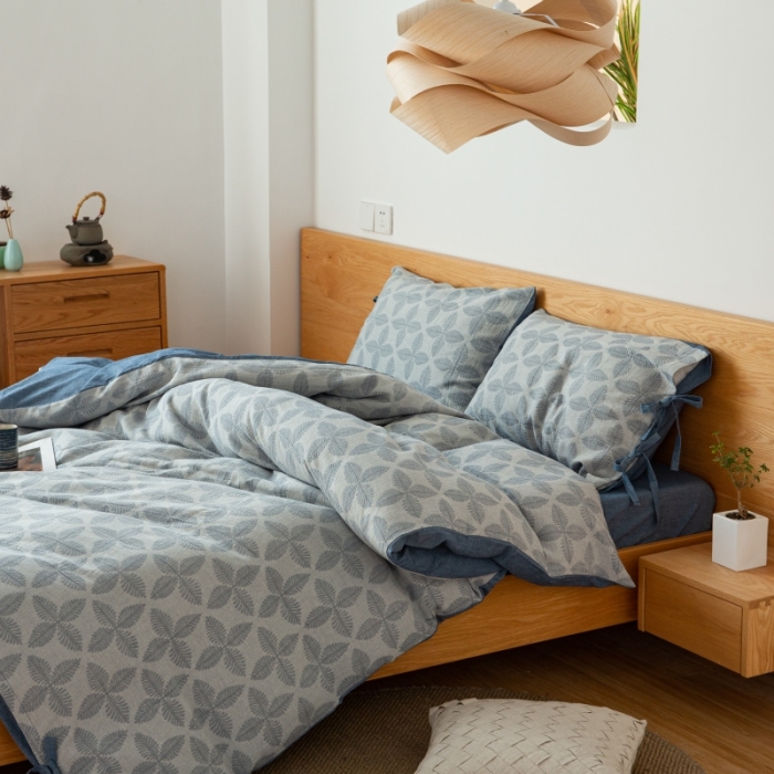 91家纺网 家纺一手货源 找家纺 安莱生活 2022新款全棉双层纱蝴蝶结四件套 四叶草-牛仔蓝