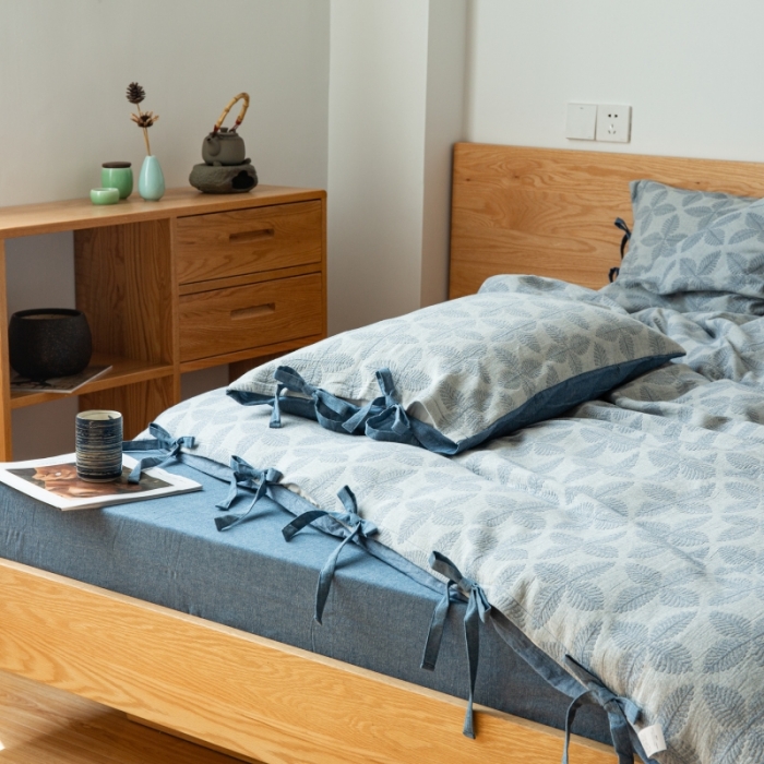 91家纺网 家纺一手货源 找家纺 安莱生活 2022新款全棉双层纱蝴蝶结四件套 四叶草-牛仔蓝