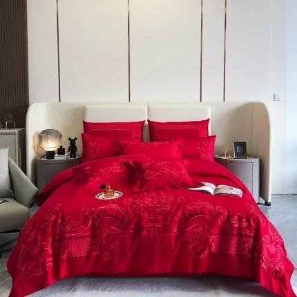 馨蕊家居2022新款140S全棉长绒棉刺绣婚庆四件套繁花似锦