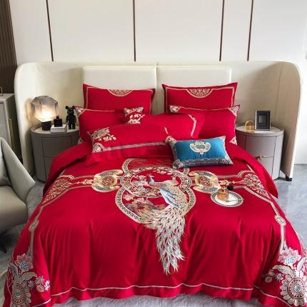 91家纺网 家纺一手货源 找家纺 馨蕊家居2022新款140S全棉长绒棉刺绣婚庆四件套琴瑟和鸣