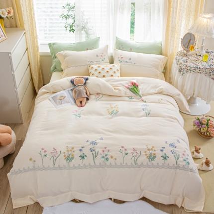 91家纺网 家纺一手货源 找家纺 凡客 2022新款天丝泡泡纱绣花四件套-花园 花园-白