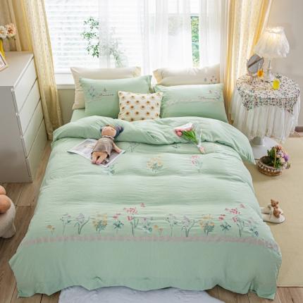 91家纺网 家纺一手货源 找家纺 凡客 2022新款天丝泡泡纱绣花四件套-花园 花园-绿