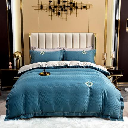 91家纺网 家纺一手货源 找家纺 凡客 2022新款全棉提花轻奢风刺绣款四件套 雾蓝