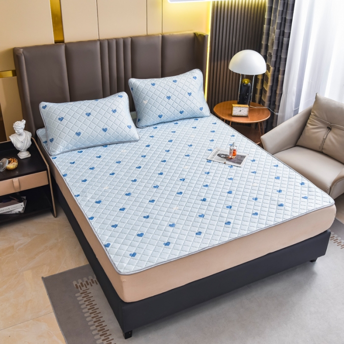 91家纺网 家纺一手货源 找家纺 锦罗绣 2024新款水洗乳胶凉席床单凉席夏被四件套 爱心蓝