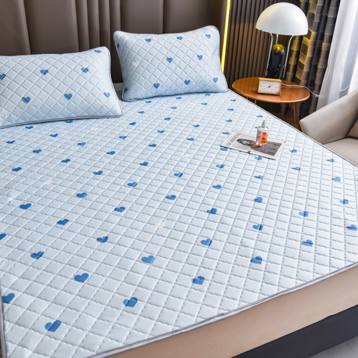 91家纺网 家纺一手货源 找家纺 锦罗绣 2024新款水洗乳胶凉席床单凉席夏被四件套 爱心蓝