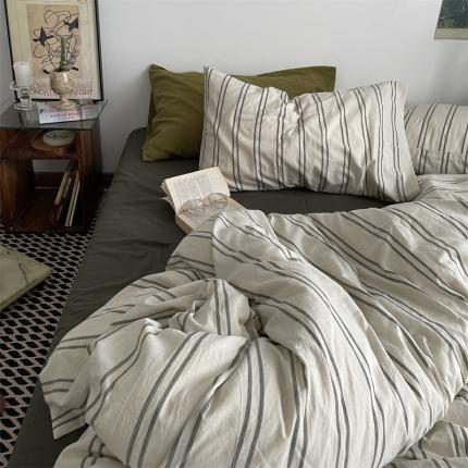 91家纺网 家纺一手货源 找家纺 恋恋三季全棉色织水洗棉VINTAGE中古风条纹-橄榄绿+米色