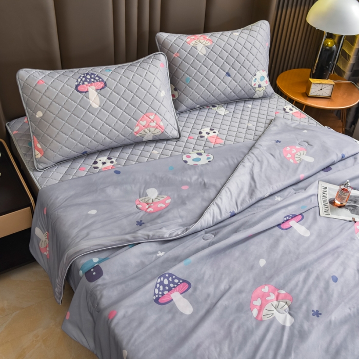91家纺网 家纺一手货源 找家纺 锦罗绣 2024新款水洗乳胶凉席床单凉席夏被四件套 彩色蘑菇
