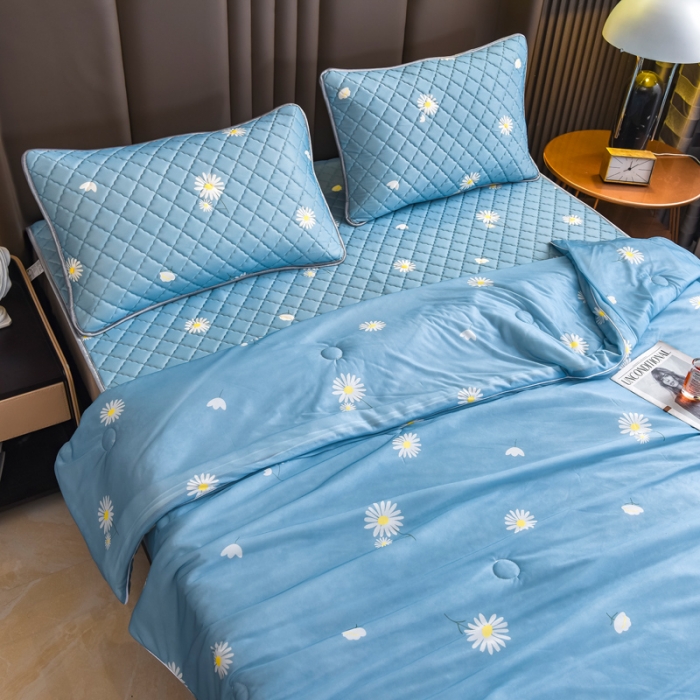 91家纺网 家纺一手货源 找家纺 锦罗绣 2024新款水洗乳胶凉席床单凉席夏被四件套 雏菊花开