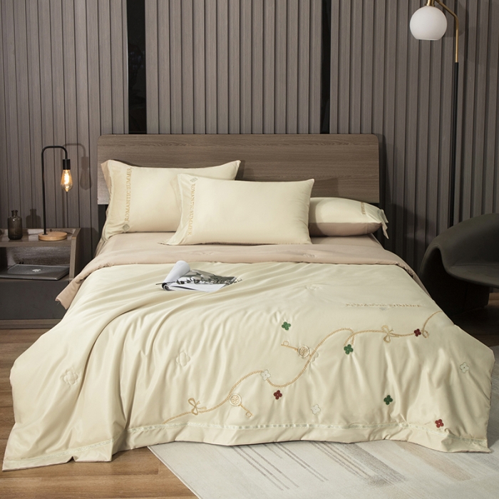 91家纺网 家纺一手货源 找家纺 （总）潮邦 2025新款水洗真丝刺绣花织带宽边夏被四件套-星钥