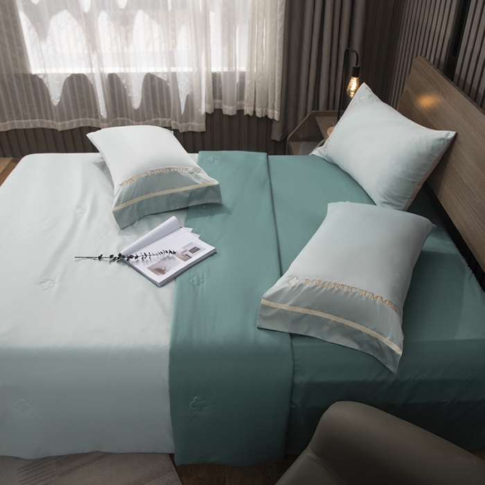 91家纺网 家纺一手货源 找家纺 潮邦 2025新款水洗真丝刺绣花织带宽边夏被四件套-星钥 水晶绿