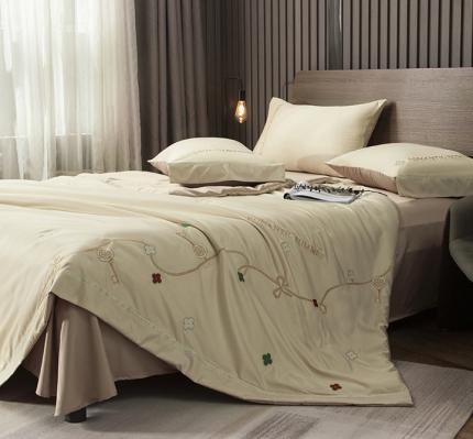 潮邦 2025新款水洗真丝刺绣花织带宽边夏被四件套-星钥 象牙白