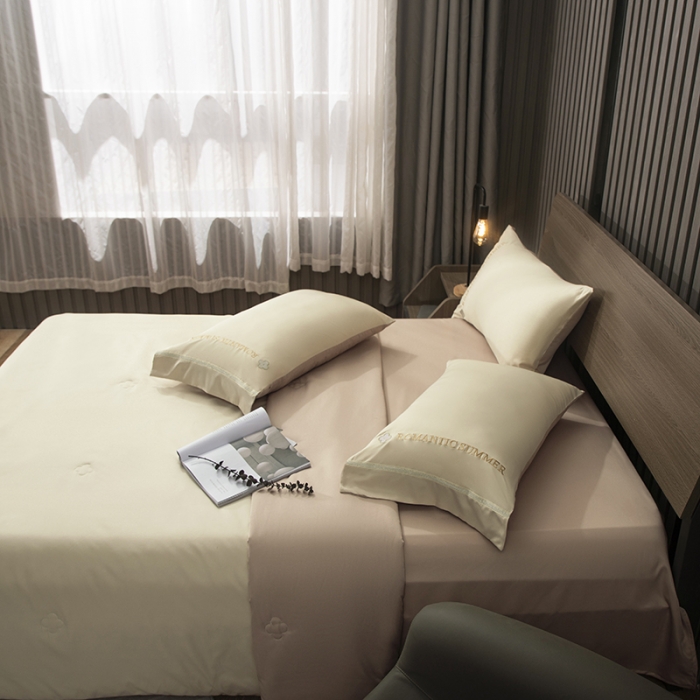 91家纺网 家纺一手货源 找家纺 潮邦 2025新款水洗真丝刺绣花织带宽边夏被四件套-星钥 象牙白