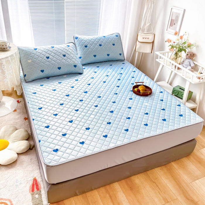 91家纺网 家纺一手货源 找家纺 锦罗绣 2024新款水洗乳胶凉席床笠凉席夏被四件套 爱心蓝