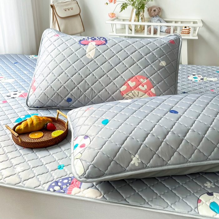 91家纺网 家纺一手货源 找家纺 锦罗绣 2024新款水洗乳胶凉席床笠凉席夏被四件套 彩色蘑菇