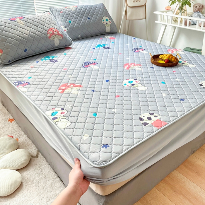 91家纺网 家纺一手货源 找家纺 锦罗绣 2024新款水洗乳胶凉席床笠凉席夏被四件套 彩色蘑菇