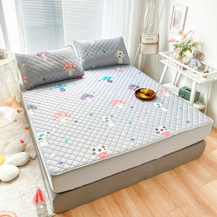 91家纺网 家纺一手货源 找家纺 锦罗绣 2024新款水洗乳胶凉席床笠凉席夏被四件套 彩色蘑菇