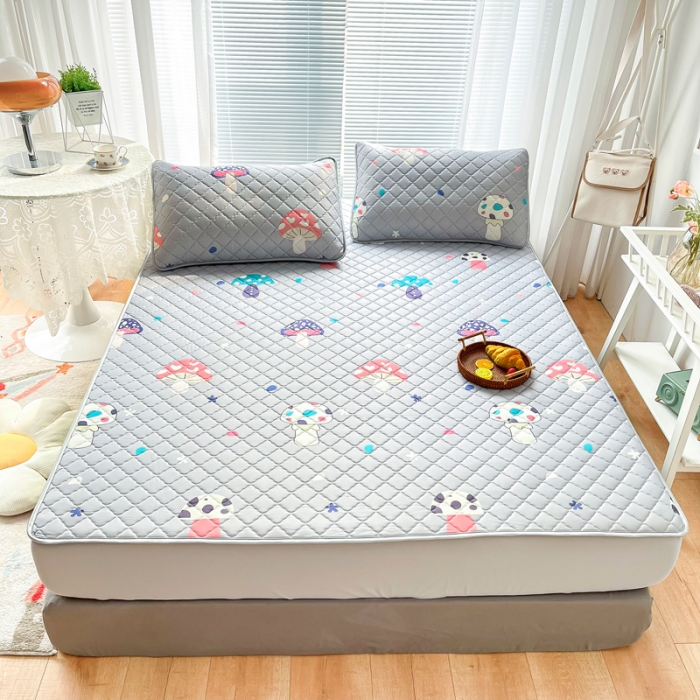 91家纺网 家纺一手货源 找家纺 锦罗绣 2024新款水洗乳胶凉席床笠凉席夏被四件套 彩色蘑菇