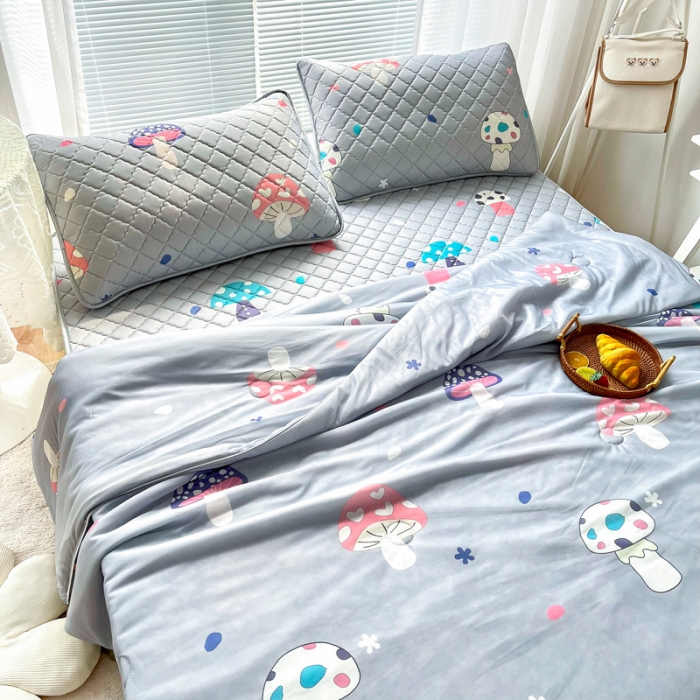 91家纺网 家纺一手货源 找家纺 锦罗绣 2024新款水洗乳胶凉席床笠凉席夏被四件套 彩色蘑菇