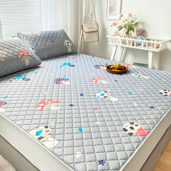 91家纺网 家纺一手货源 找家纺 锦罗绣 2024新款水洗乳胶凉席床笠凉席夏被四件套 彩色蘑菇