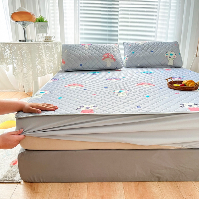 91家纺网 家纺一手货源 找家纺 锦罗绣 2024新款水洗乳胶凉席床笠凉席夏被四件套 彩色蘑菇