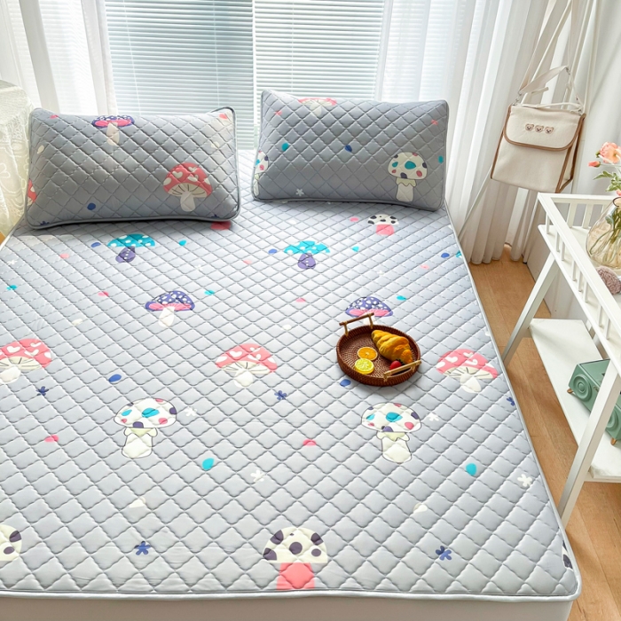 91家纺网 家纺一手货源 找家纺 锦罗绣 2024新款水洗乳胶凉席床笠凉席夏被四件套 彩色蘑菇