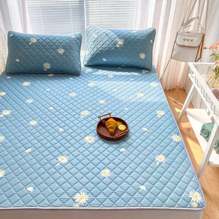 91家纺网 家纺一手货源 找家纺 锦罗绣 2024新款水洗乳胶凉席床笠凉席夏被四件套 雏菊花开