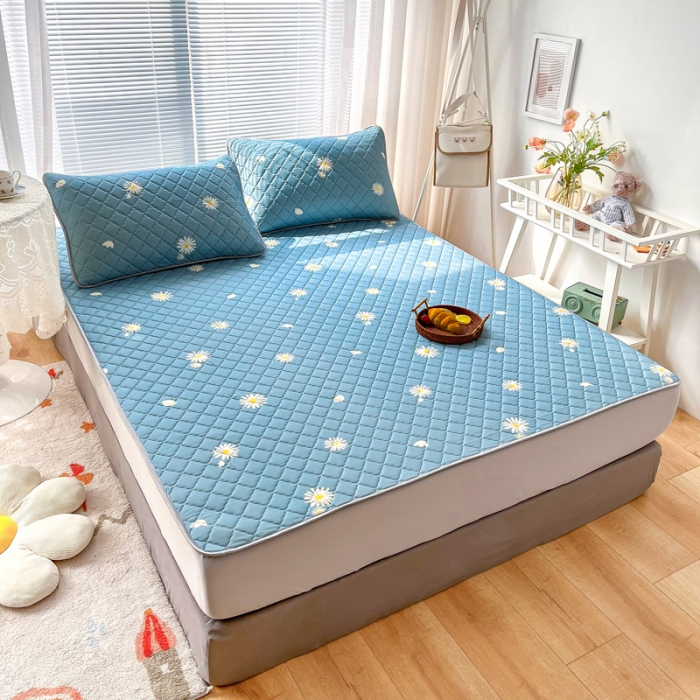 91家纺网 家纺一手货源 找家纺 锦罗绣 2024新款水洗乳胶凉席床笠凉席夏被四件套 雏菊花开