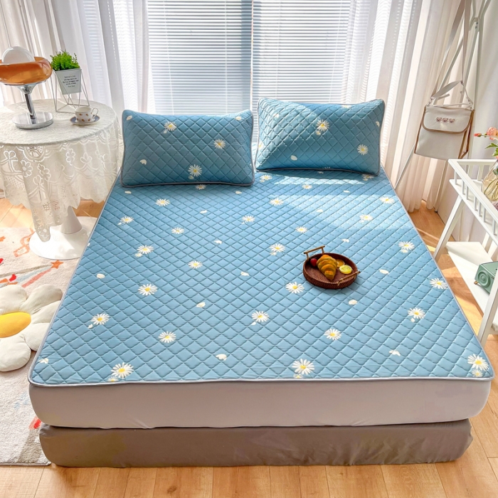 91家纺网 家纺一手货源 找家纺 锦罗绣 2024新款水洗乳胶凉席床笠凉席夏被四件套 雏菊花开