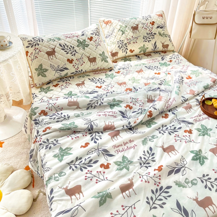 91家纺网 家纺一手货源 找家纺 锦罗绣 2024新款水洗乳胶凉席床笠凉席夏被四件套 林深麋鹿