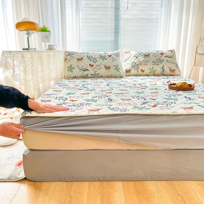 91家纺网 家纺一手货源 找家纺 锦罗绣 2024新款水洗乳胶凉席床笠凉席夏被四件套 林深麋鹿