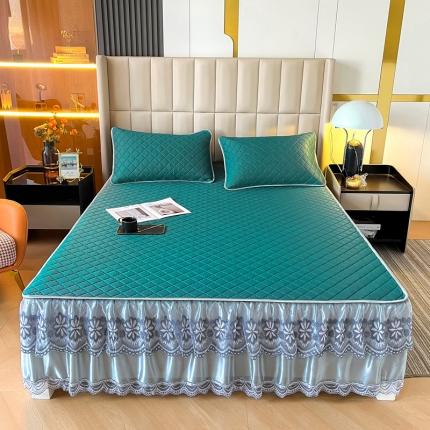 91家纺网 家纺一手货源 找家纺 锦罗绣 2024新款水洗乳胶凉席床裙凉席夏被四件套 墨绿色