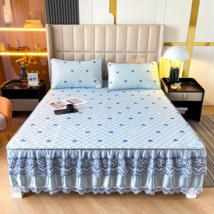锦罗绣 2024新款水洗乳胶凉席床裙凉席夏被四件套 爱心蓝