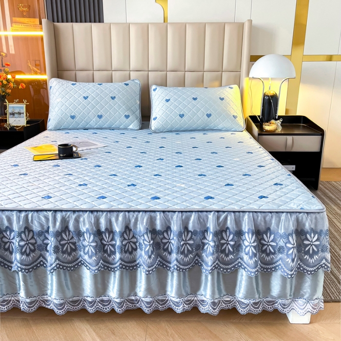 91家纺网 家纺一手货源 找家纺 锦罗绣 2024新款水洗乳胶凉席床裙凉席夏被四件套 爱心蓝