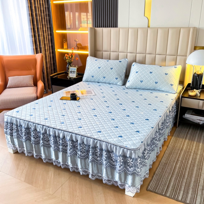 91家纺网 家纺一手货源 找家纺 锦罗绣 2024新款水洗乳胶凉席床裙凉席夏被四件套 爱心蓝