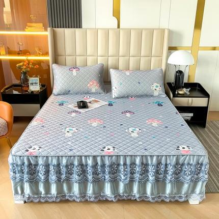 锦罗绣 2024新款水洗乳胶凉席床裙凉席夏被四件套 彩色蘑菇