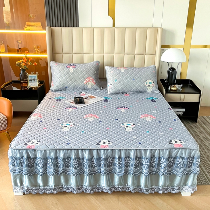 91家纺网 家纺一手货源 找家纺 锦罗绣 2024新款水洗乳胶凉席床裙凉席夏被四件套 彩色蘑菇